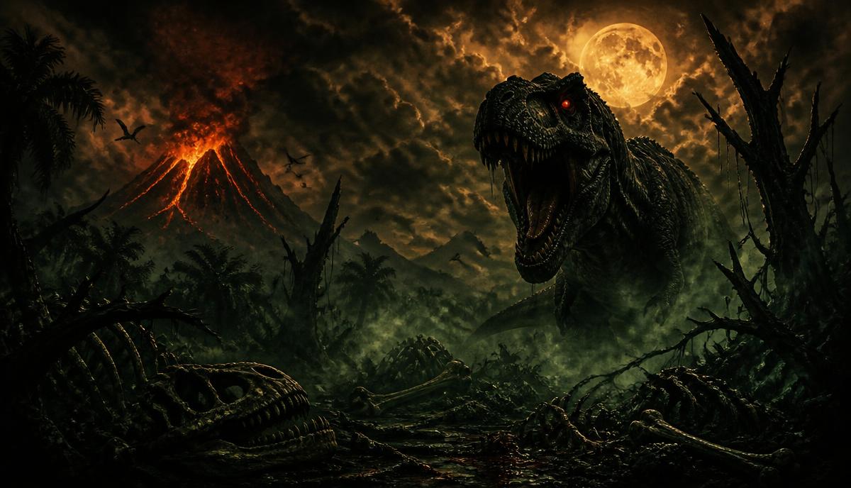 A snarling T-Rex with glowing red eyes emerges from a dark jungle, bones scattered on the ground, volcanic eruption in the background and a blood moon overhead